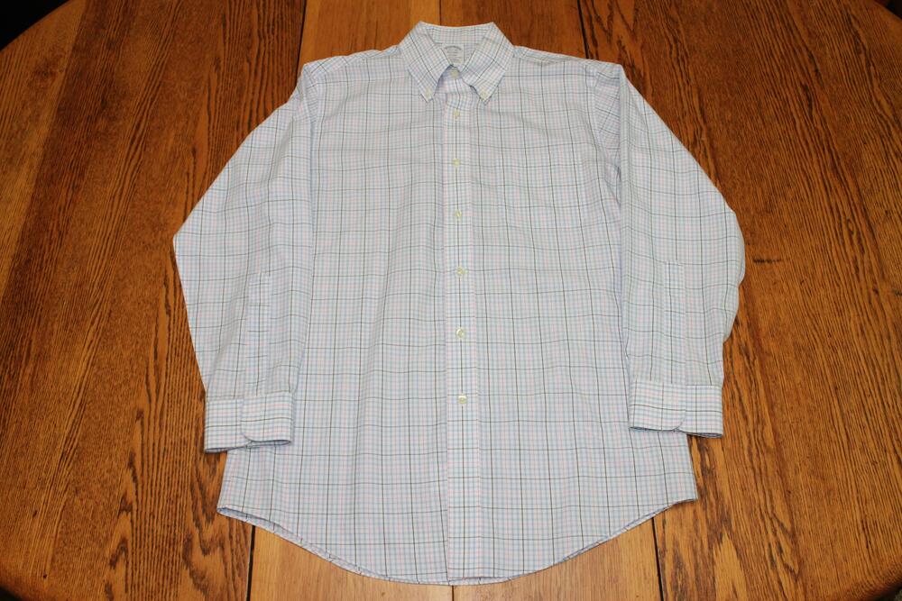 Brooks Brothers Shirt Mens 15.5 32‎ Large Blue Pink Plaid Button Down Regent Fit